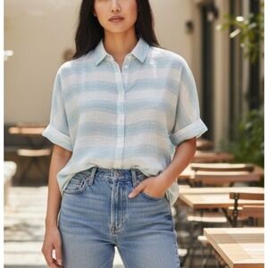 Majestic Filatures Womens Linen Stripe Button Up Top Coastal Resort Large Size 4